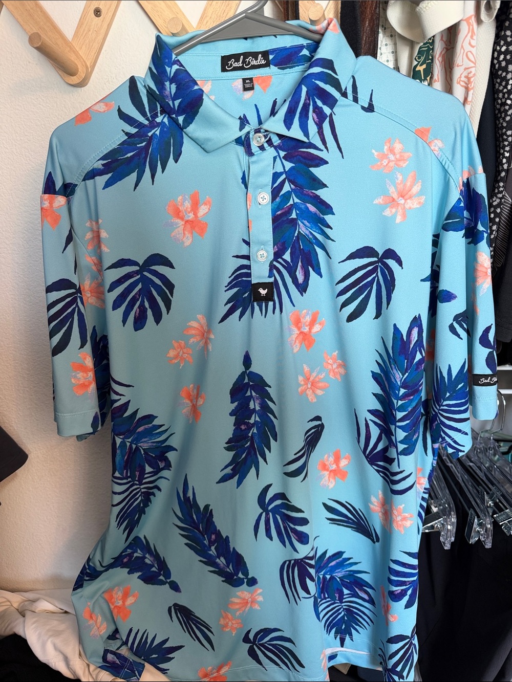 Bad Birdie Sky Blue Polo with Navy and Coral Floral Print